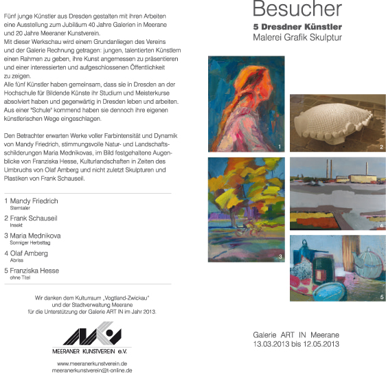 Ausstellung BESUCHER, 5 Dresdner Künstler  im Kunstverein Meerane, von 13.03.2013 bis 12.05.2013